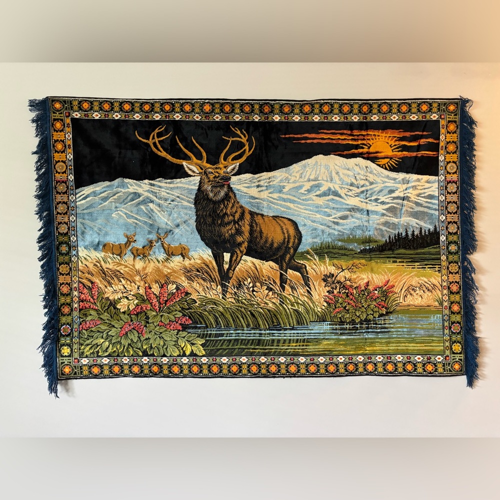 Vintage 1970s Wool Elk Tapestry